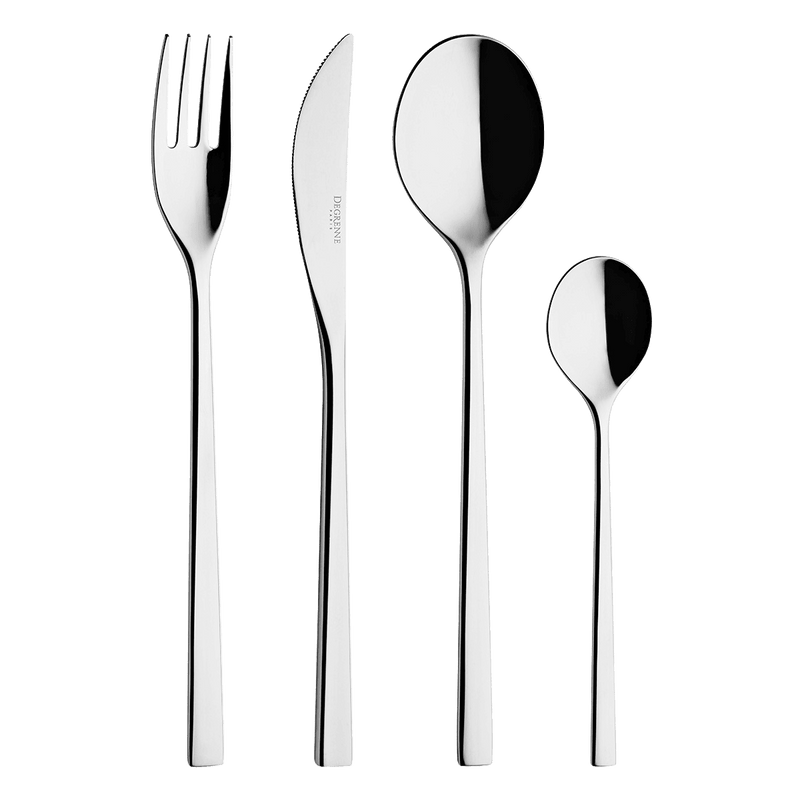 FUSE MIRROR FINISH Box set for 50 place settings solid handle serrated