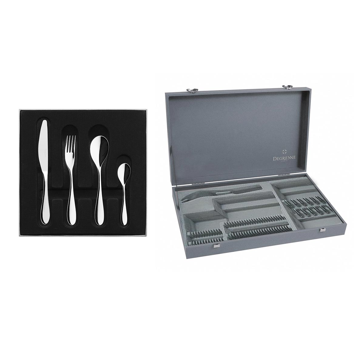 ONDE MIRROR FINISH Box set for 50 place settings solid handle serrated round blade