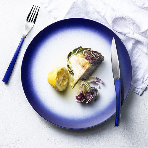 QUARTZ MIRROR FINISH BLUE Cutlery set for 24 place settings serrated